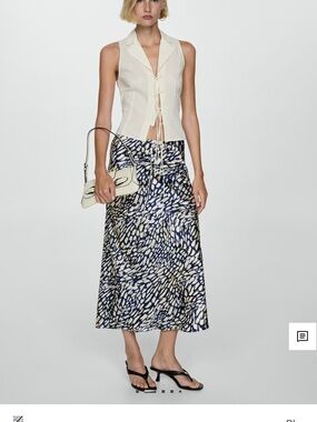 Mango Navy and Cream Abstract-Print Bias Midi Skirt